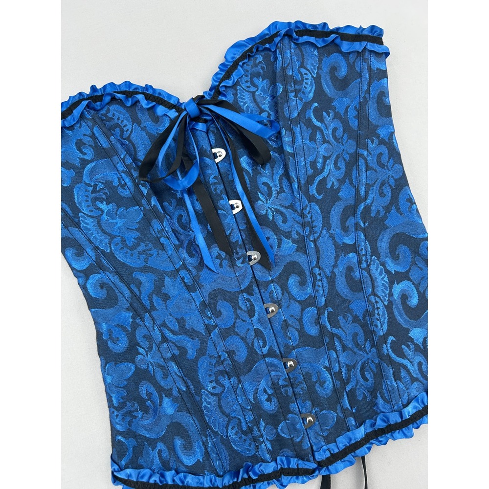 Blue Damask Brocade Lace Up Corset Top Gothic Steampunk XS